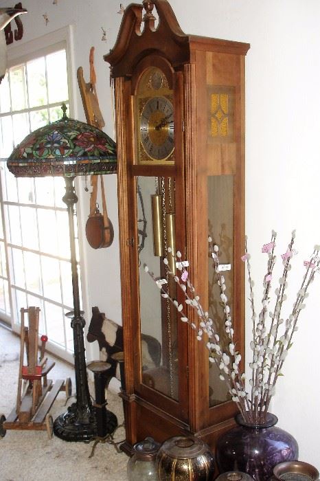 Grandfather clock, vases, Tiffany style floor lamp
