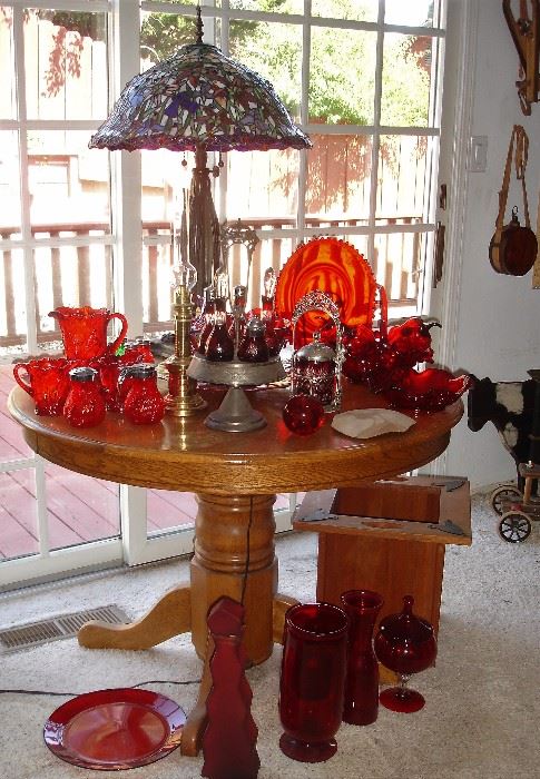 Oak table with leaf, Tiffany style lamp,  wood planter and red glass pieces