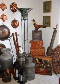 Milk can, oil can, bugles (decorative), antique vacuum, Tiffany style lamp, copper pieces & more