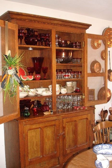 Great hutch with ruby thumbprint glass and more