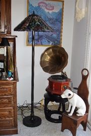 Nipper, Victrola and Tiffany style lamp