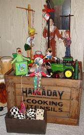Halladay cooking utensils box with glass top cocktail table, marionettes and more