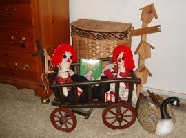 Goat cart & Raggedy Ann & Andy, hamper & duck planter
