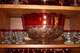 Ruby thumbprint punch bowl set
