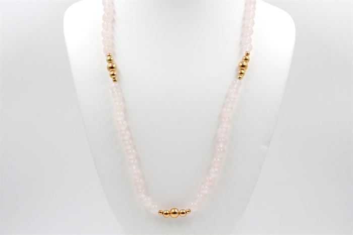 14K Yellow Gold Rose Quartz Necklace: A rose quartz bead necklace with accents of round yellow gold beads of varying size.
