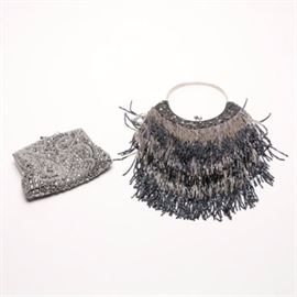 Vintage Inspired Beaded Evening Bags: A pair of vintage inspired beaded evening bags. This pair of evening bags feature detailed beading to the outsides using seed beads and sequins. The smaller bag is made by LA Regale and has a chain link strap that can be enclosed within the bag. The larger bag is lined with a satin material with a clear plastic handle and strings of beads.