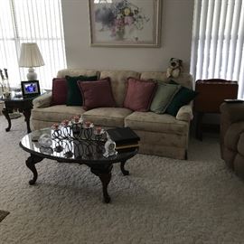 SOLD SLEEPER SOFA ALL LIVING ROOM TABLES 50% OFF=27.50 THERE ARE 2 END TABLES AND A COFFEE TABLE ALL HAVE GLASS TOPS.