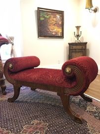 Rolled Arm Upholstered Bench with Lion Head Detail 