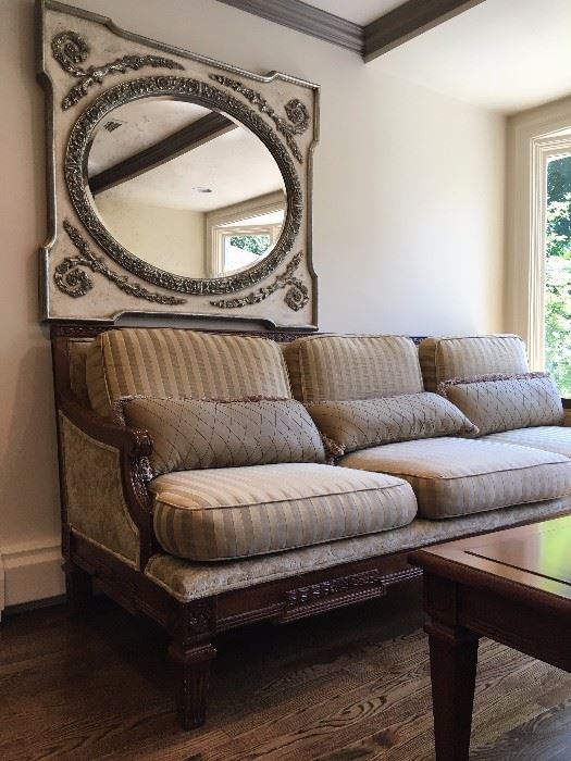 Custom Made Carved Frame Sofa and Matching Love Seat, Ornate Mirror