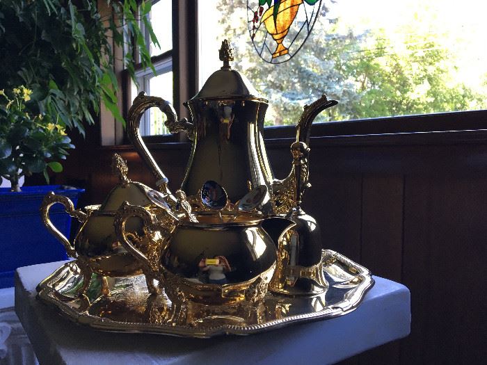 Gold plated 3 piece tea set with tray