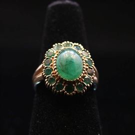14K Gold Ring with Emeralds & Emerald Cabochon  Center 
