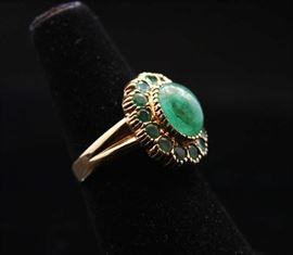 14K Gold Ring with Emeralds & Emerald Cabochon  Center 