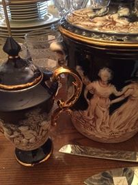 Decorative porcelain biscuit barrel with matching coffee pot  