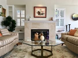 Elegant Satin-Stripe Ethan Allen Sofas (Many Colorful Throw Pillows), Hexagonal Cocktail Table, Cozy Area Rug