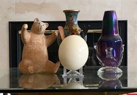 Modern Artisan Glass Vase, Carved Wooden Bear, Ostrich Egg