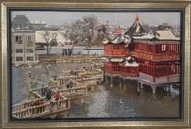 Needlepoint depiction of: Yu Yuan Garden, Bridge of Nine Turnings & Wuxinting Teahouse - Classic Garden, Ming Dynasty Mid 1500's.
