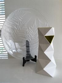 Cubist Style vase (Chartreuse interior) by Otis Student; Hoya Crystal Platter fern design