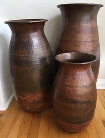 Trio of Beautifully Hammered Large Copper Urns