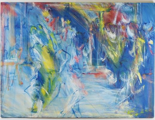 William Glass Original Acrylic on Canvas Abstract Painting: An unframed acrylic abstract painting by William Glass. This painting on canvas features an abstract bar/restaurant scene with dancers, painted in bold tones on a vibrant blue field. It is signed “W. Glass” on the lower right. Although unframed, it is stretched canvas on a wood frame. William “Bill” Glass is a graduate of Miami University School of Fine Arts, receiving his MFA in 1987, approximately.