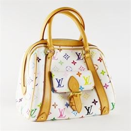 Louis Vuitton "Priscilla" White/Multi Monogram Satchel: A Louis Vuitton Priscilla multi-color monogram white handbag. This white coated canvas handbag includes the iconic LV monogram in multiple colors, detailed with tan vachetta leather, double handles, and a front buckle clasp on the exterior front pocket. It includes brass rivets and pull hardware marked Louis Vuitton and a zippered top closure that opens to a crimson lining with open pockets. The original dust cover is included.