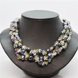 Dyed Freshwater Pearl Necklace and Tumbled Beads With 14K Yellow Gold Clasp: A three strand dyed cultured freshwater pearls with amethyst, citrine, topaz, and peridot tumbled beads, secured with a 14K yellow gold filigree box tab clasp.