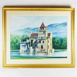 El Nour Hamad Original Castle Watercolor: An original castle watercolor by artist Elnour Hamad. This watercolor on paper features a fairy tale castle design painted in soft tones on a blue loch with a forest and mountains beyond. It is signed “Elnour Hamad 3-1997” on the lower left. The art is presented in a mottled gold tone frame under glass with two interior off-white mats. Dr. El Nour Hamad received his MA from Miami University and a Ph.D. from the University of Illinois, both in Art Education.