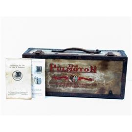 Antique Pulmotor Machine Ventilator: An antique circa early 1900s Pulmotor machine ventilator by the Draeger Oxygen Apparatus Co., Pittsburg, PA, USA. This antique piece of medical equipment was used for machine-supported breathing created through alternating positive and negative airway pressure powered by oxygen under pressure. The apparatus is housed is in a metal framed case that bears the company’s name.