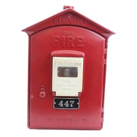 Vintage Gamewell Fire Alarm: A vintage Gamewell fire alarm. It has a metal tag number 447.
This piece is finished in a fire engine red paint.
