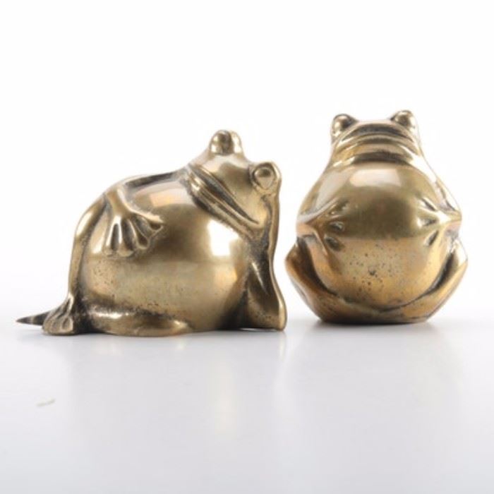 Pair of Brass Frogs: A pair of brass frogs. Both are holding their stomachs and unmarked.