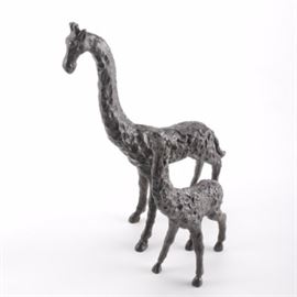 Pair of Giraffe Figurines: A pair of giraffe figurines. The figurines depict a parent and child giraffe and are a metallic black. Both are unmarked.