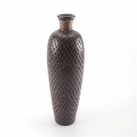 Ceramic Vase: A black ceramic vase. Vase has introverted tear shape designs. Unmarked.