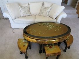 Lacquered Coffee Table with Stools
