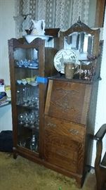 tiger oak secretary curio cabinet loaded with atomic glassware and occupied japan 