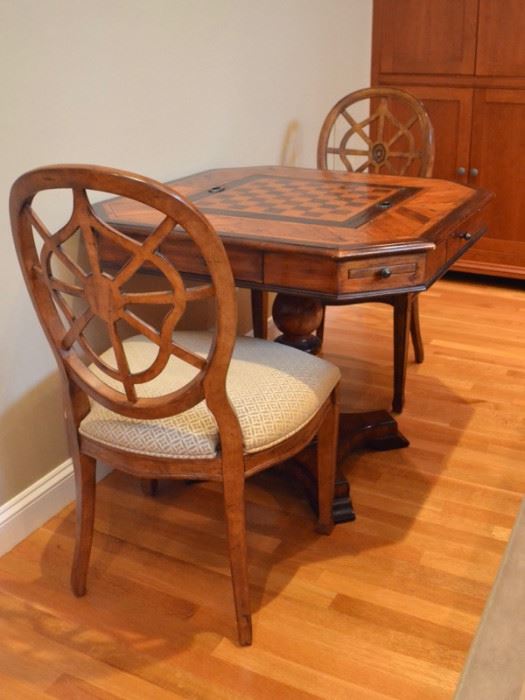 Marquetry game table and two of three Century Furniture chairs