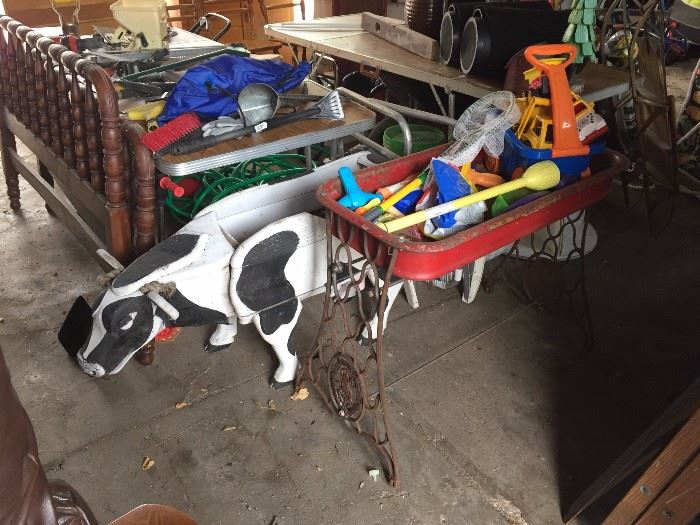 children's yard toys, wooden cow planter, oh my!