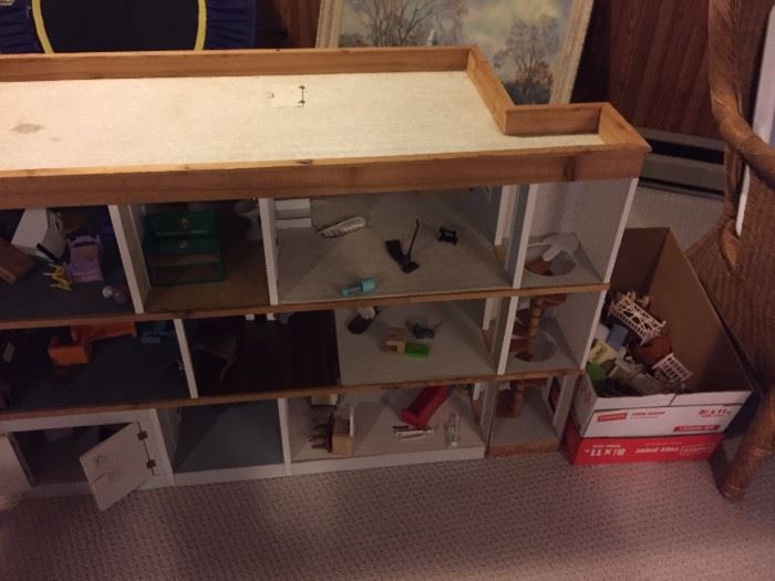 wooden dollhouse with LOTS of dollhouse furniture