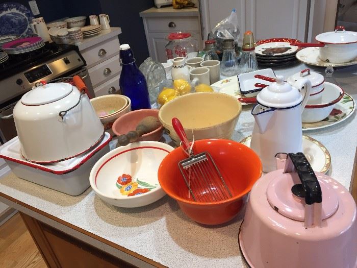 kitchenware, red and white metal ware