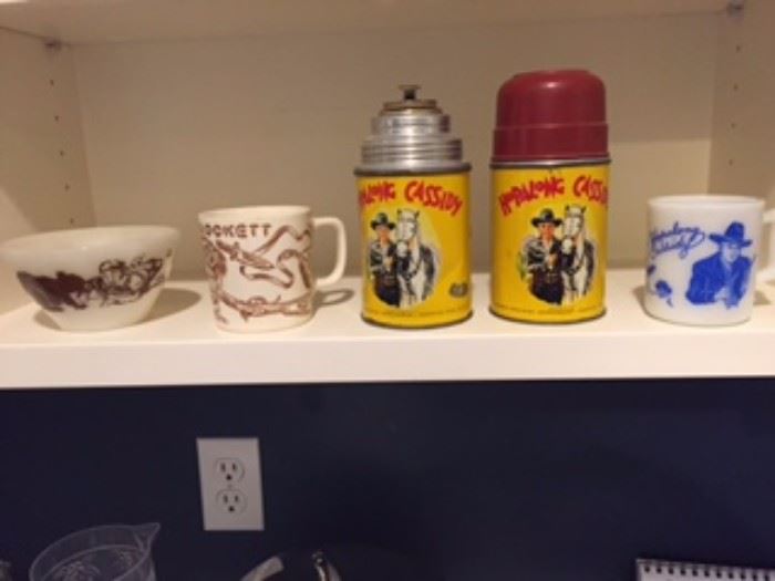 Hopalong Cassidy thermos and Davy Crockett bowl and mug