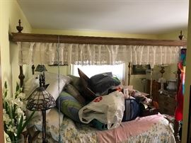 OAK CANOPY BED WITH LIKE NEW NUMBER BED MATTRESSES AND ON TOP NICE NEW LINENS