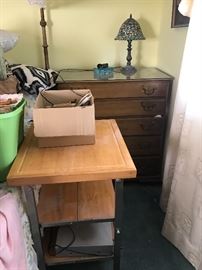 HERE WE HAVE A PORTABLE KITCHEN BUTCHER BLOCK STAND AND ONE OF THE MANY SOLID WOOD DRESSERS