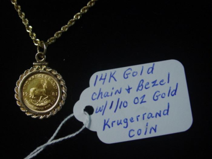 14K Gold Long Chain & Bezel with 1/10 oz Gold Krugerrand Coin