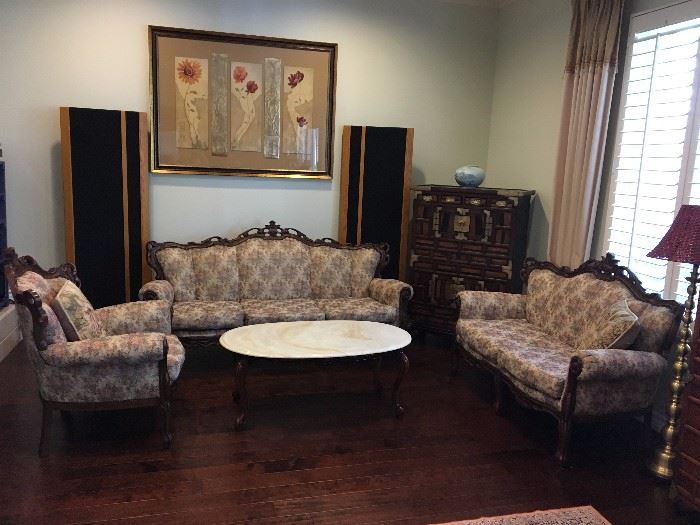 set of Magnepan tall speakers. wall frame living room sofa set w/coffee table Asian antique cabinet Antique brass floor lamp