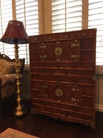 Asian antique paulownia wood side cabinet w/brass embellishment.    L34x W15 x H46      top and bottom 2parts.                  
antique heavy brass floor lamp                                                                                                               