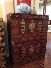 Asian antique paulownia wood side cabinet w/brass embellishmet.     top and bottom 2parts