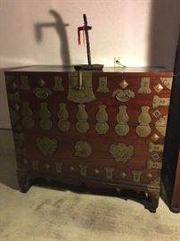 Antique thick solid wood side chest with brass embellishment. L45 x H41 