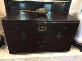 Antique Asian solid wood chest. circa early 1800.                       
Antique brass iron