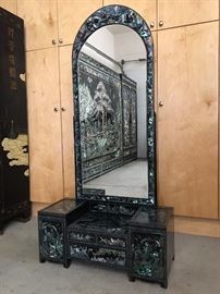 vanity cabinet with mirror. L32 x H67                                   mother of pearl and other shells inlay with natural black lacquered