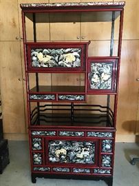 solid wood display shelf. L34 x H71                                         mother of pear and other shells inlay with natural red color lacquered