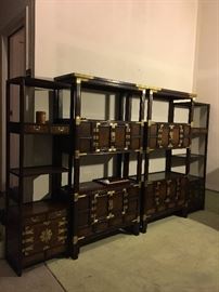 Asian solid wood display shelves with brass embellished.     middle 2pcs - each pc L42 x H71                                  both side 2pcs -  each pc L20 x H 68               
