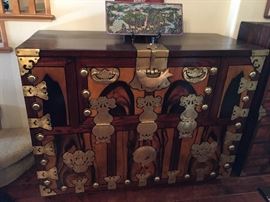 gorgeous Antique side chest cabinet. solid wood with brass embellishment.   museum quality                                                                          
beautiful Asian Cloisonne art panels